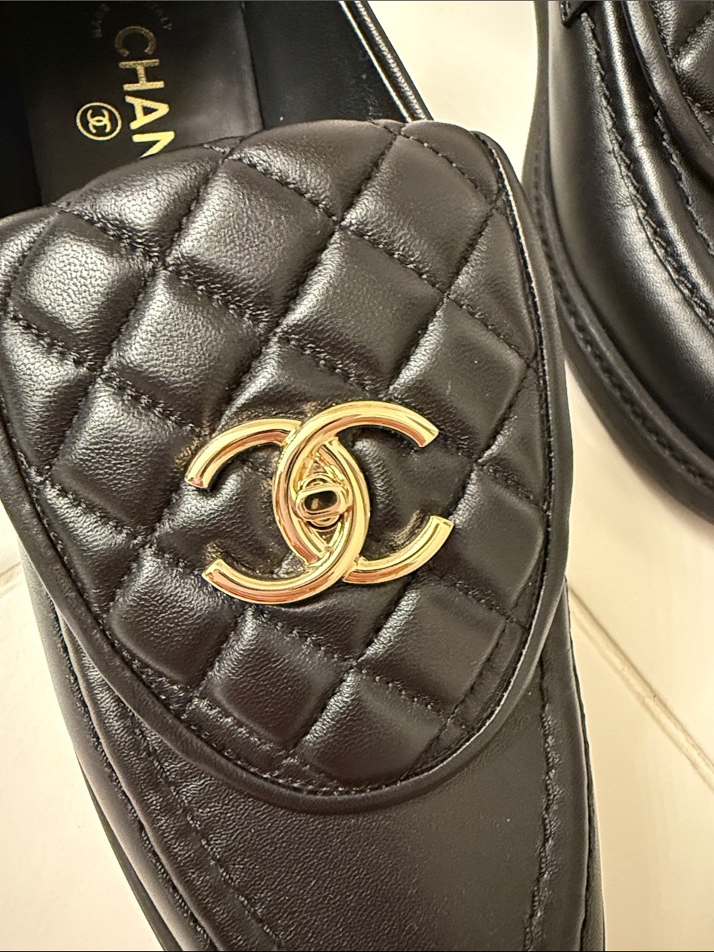 CHANEL Black Quilted Leather Slip-On Loafers with Gold CC Emblem - Authentic - Picture 3 of 6